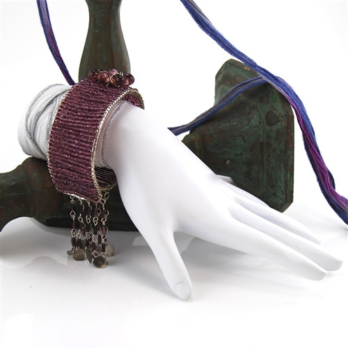 Purple Beaded Silver Wire Cuff Bracelet with Flower