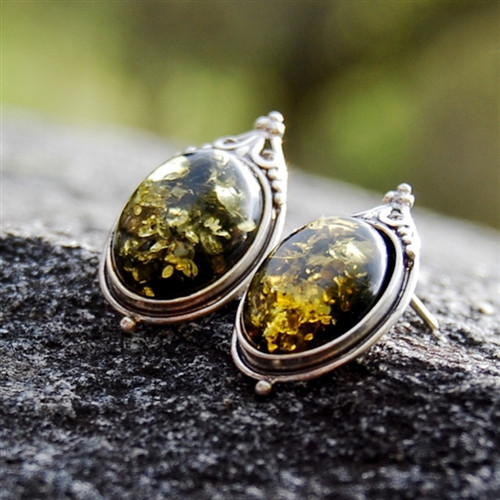 Green Amber Vintage Style Silver Post Earrings