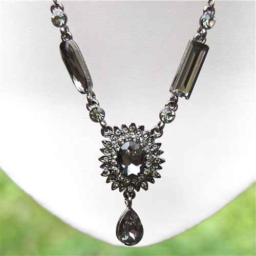 Oxidized Silver Smoky Crystal Teardrop Necklace