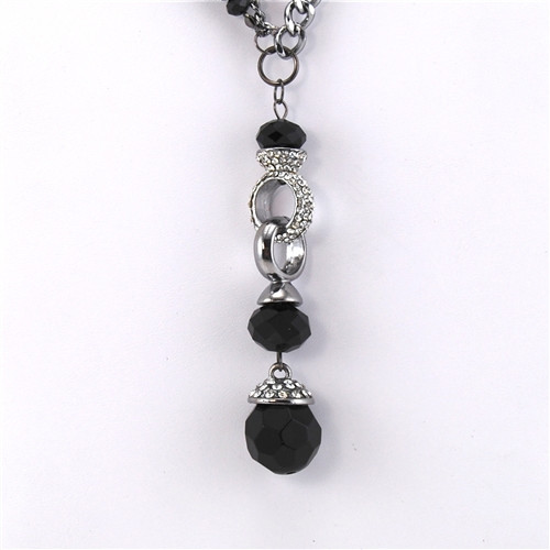 Black Bead Crystal Silver Long Chain Necklace