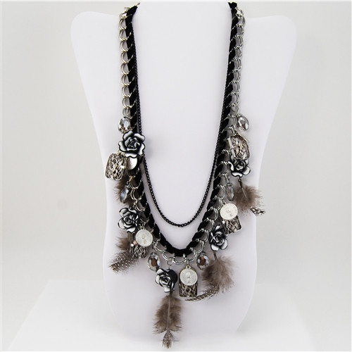 Flowers Charms Coins Crystal Multi Chain Necklace