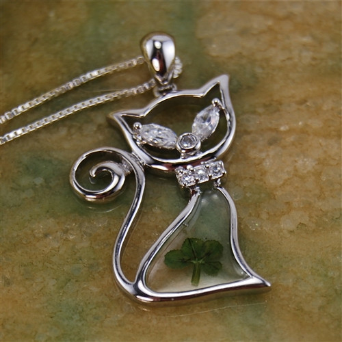 Sterling Silver Four Leaf Clover Crystal Cat Pendant Necklace