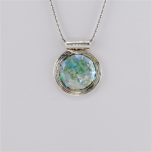 Large Roman Glass Sterling Silver Pendant Necklace