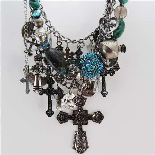 Silver Turquoise Crosses Bead Collage Necklace