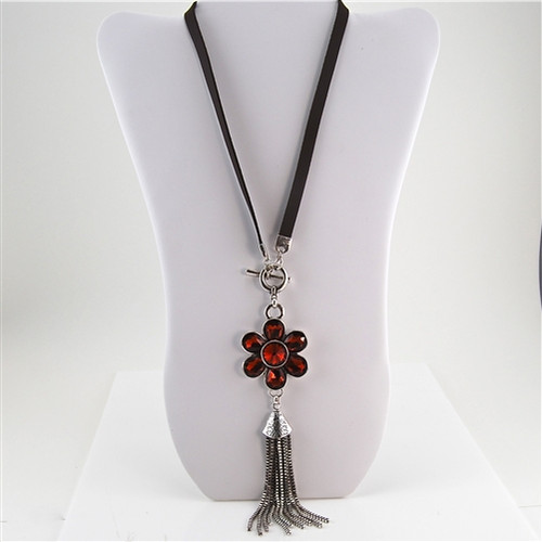 Dark Topaz Flower Pendant with Fringe on Brown Leather Necklace