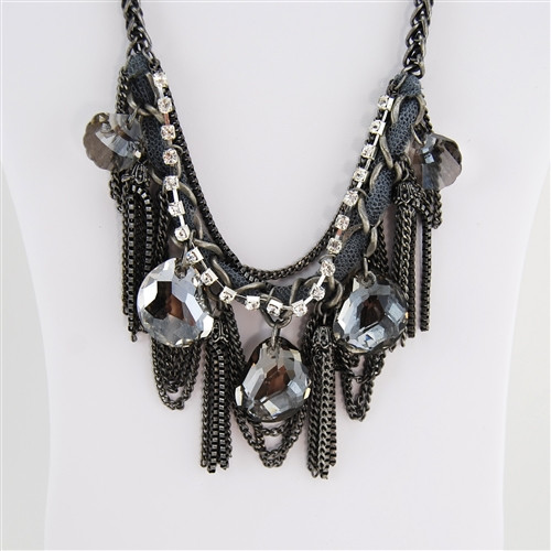 Gray Antiqued Chain Ribbon Crystal Bib Necklace