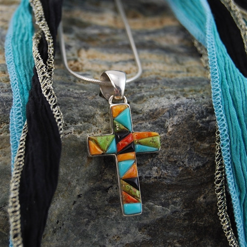 Turquoise Coral Onyx Cross Pendant Sterling Silver Necklace