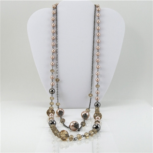 Champagne Crystal Pink Pearl  Silver Beaded Double Necklace