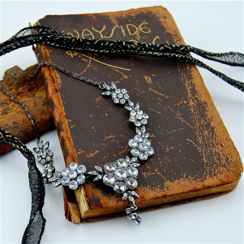 Oxidized Silver and Crystal "Y" Necklace