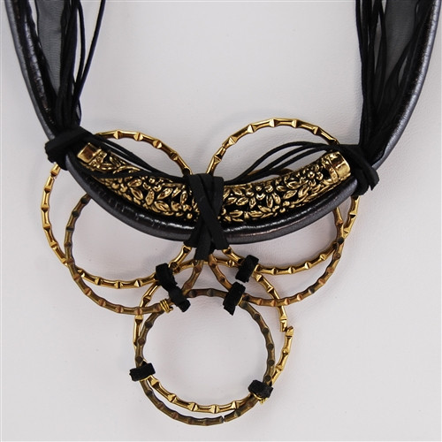 Charcoal Leather Brass Ring Black Ribbon Bib Necklace