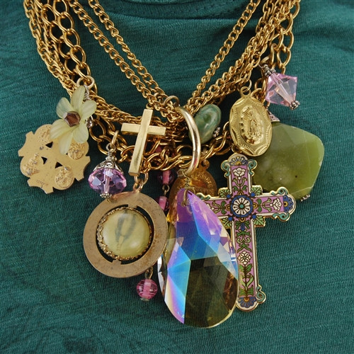 Gold Cross Multi-Charm Saint Pendant Collage Necklace