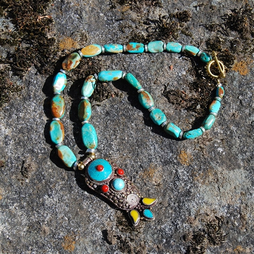 Kingman Turquoise Coral Copal Tibetan Pendant Necklace