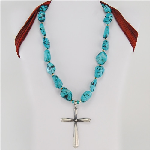 Kingman Turquoise Bead Sterling Silver Cross Necklace
