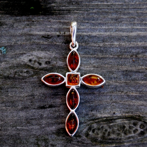 Amber Silver Cross Pendant