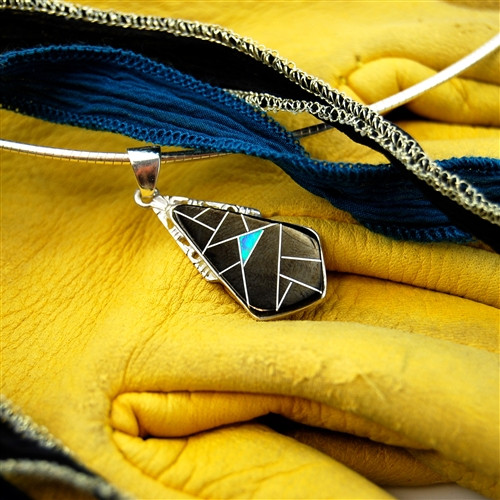Black Onyx and Opal Geometric Teardrop Sterling Silver Pendant