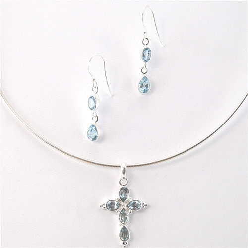 Blue Topaz and Sterling Silver Cross Pendant/Earring Set