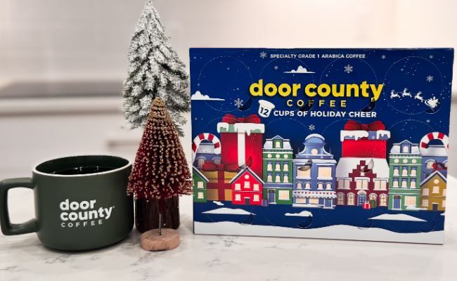 A festive decorated box revealing holiday inspired coffee flavors