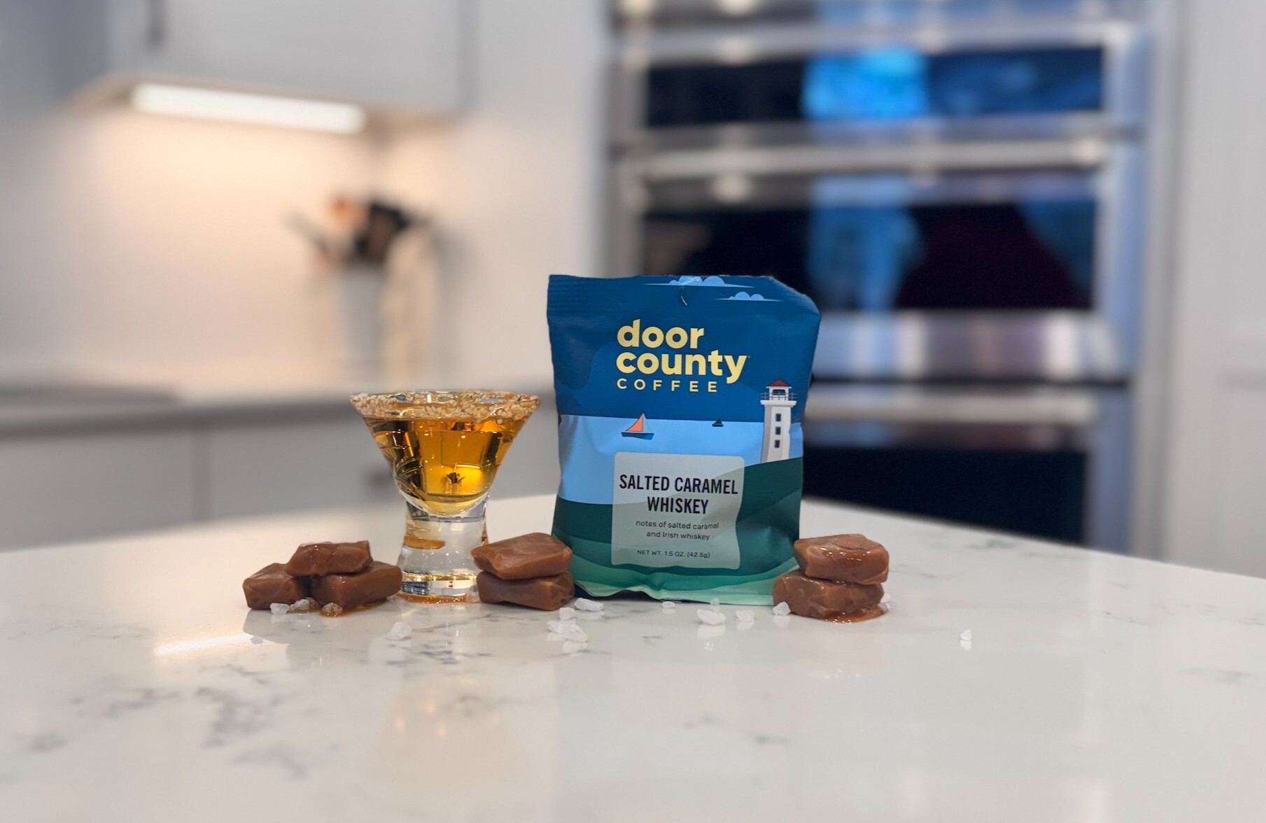 Salted Caramel Whiskey Coffee in a Bag on the Counter