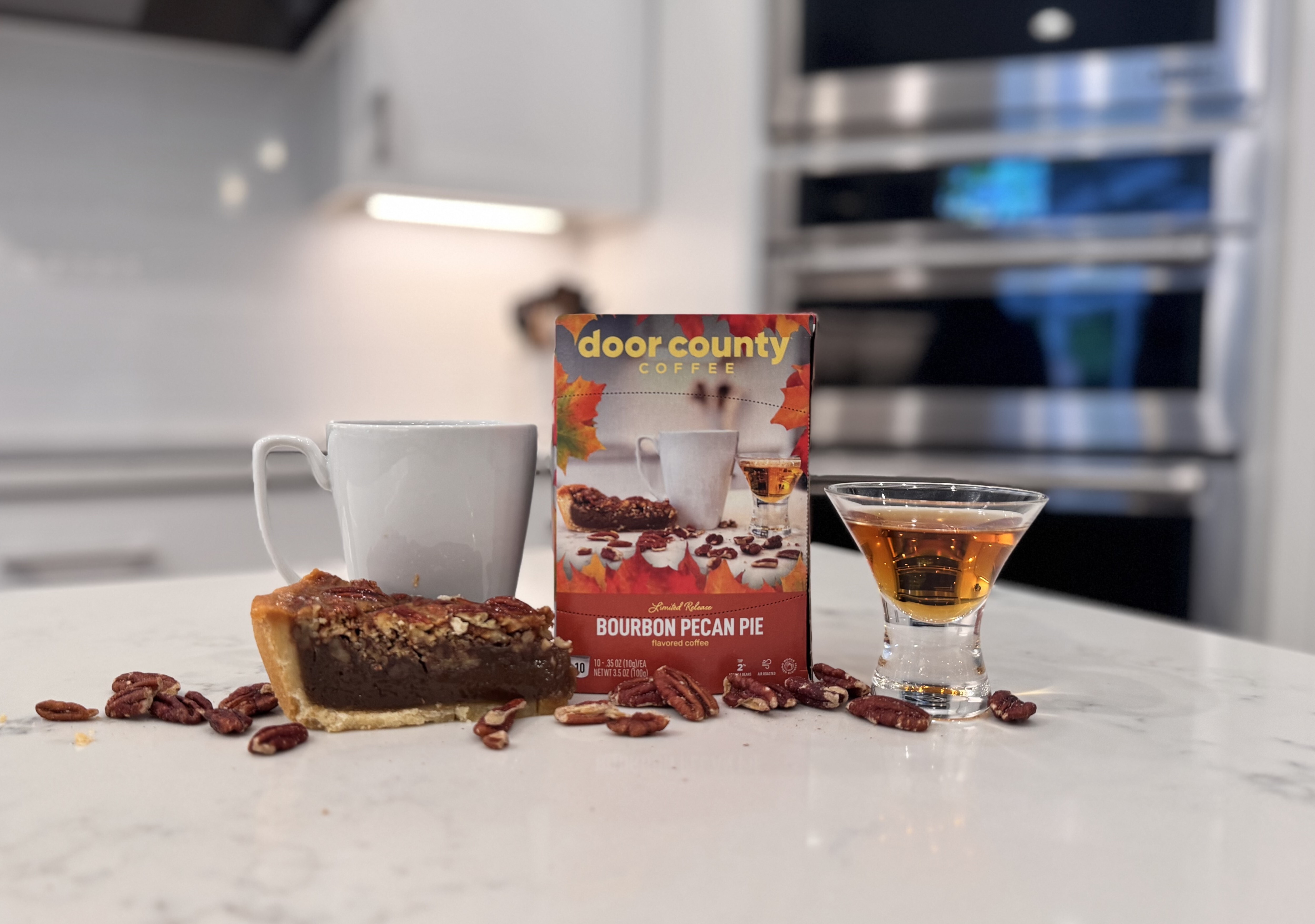 Fall flavored Bourbon Pecan Coffee coffee pods box on a white counter