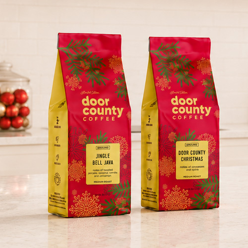 A festive decorated box revealing holiday inspired coffee flavors