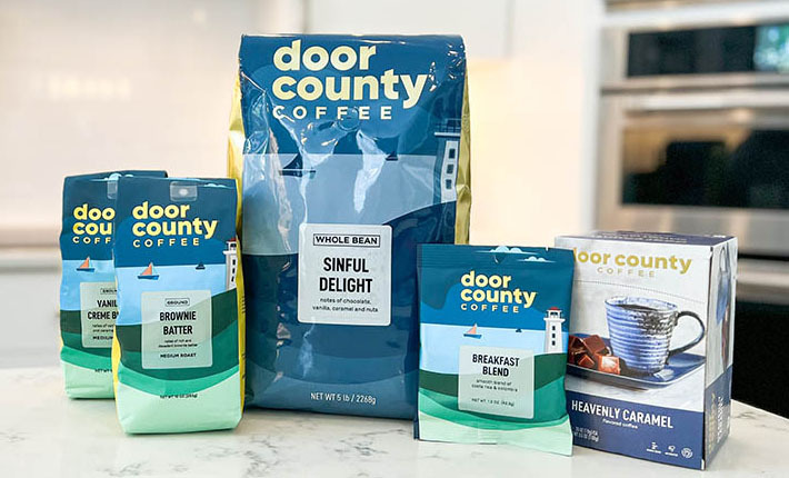 an arrangement of large and small coffee bags on countertop