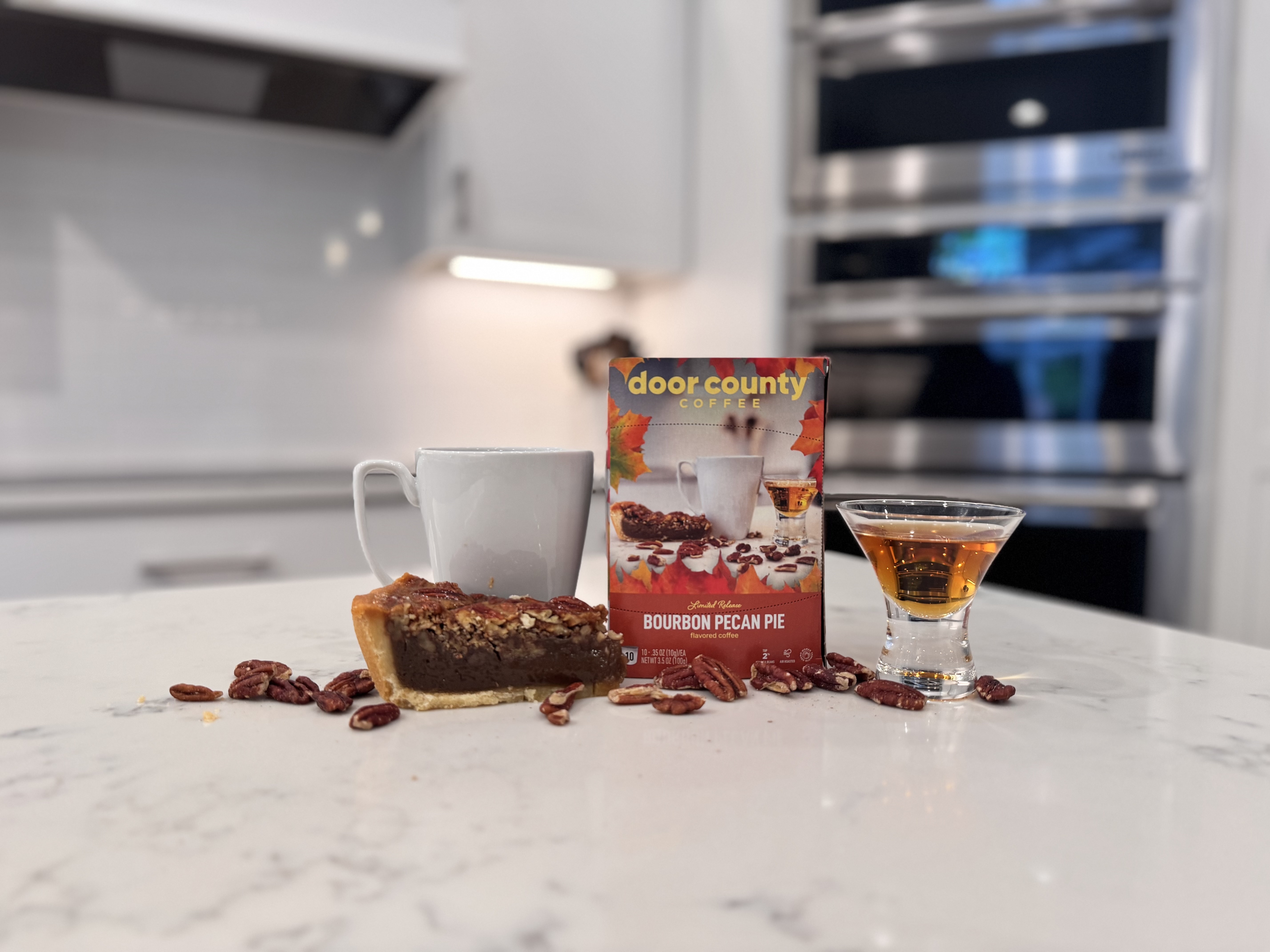 A BAG OF SPICED APPLE PIE COFFEE AND PEICE OF APPLE PIE