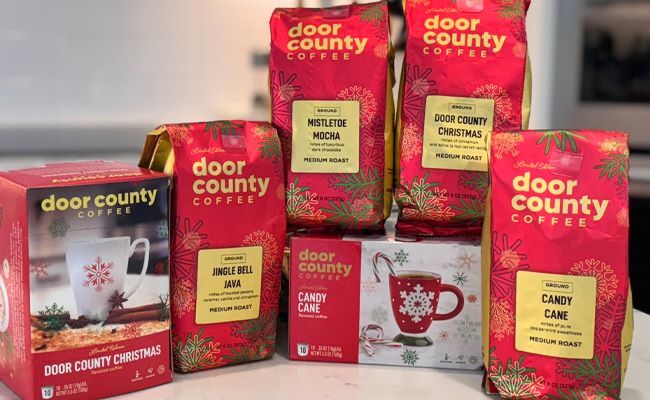 A festive decorated box revealing holiday inspired coffee flavors
