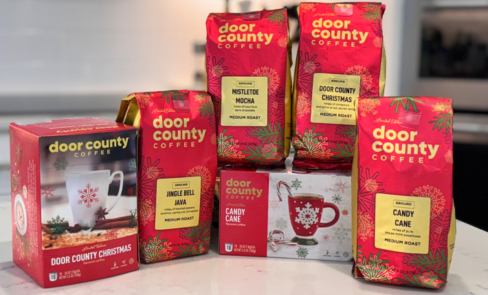 Candy Cane Coffee Box of pods ON A COUNTER 