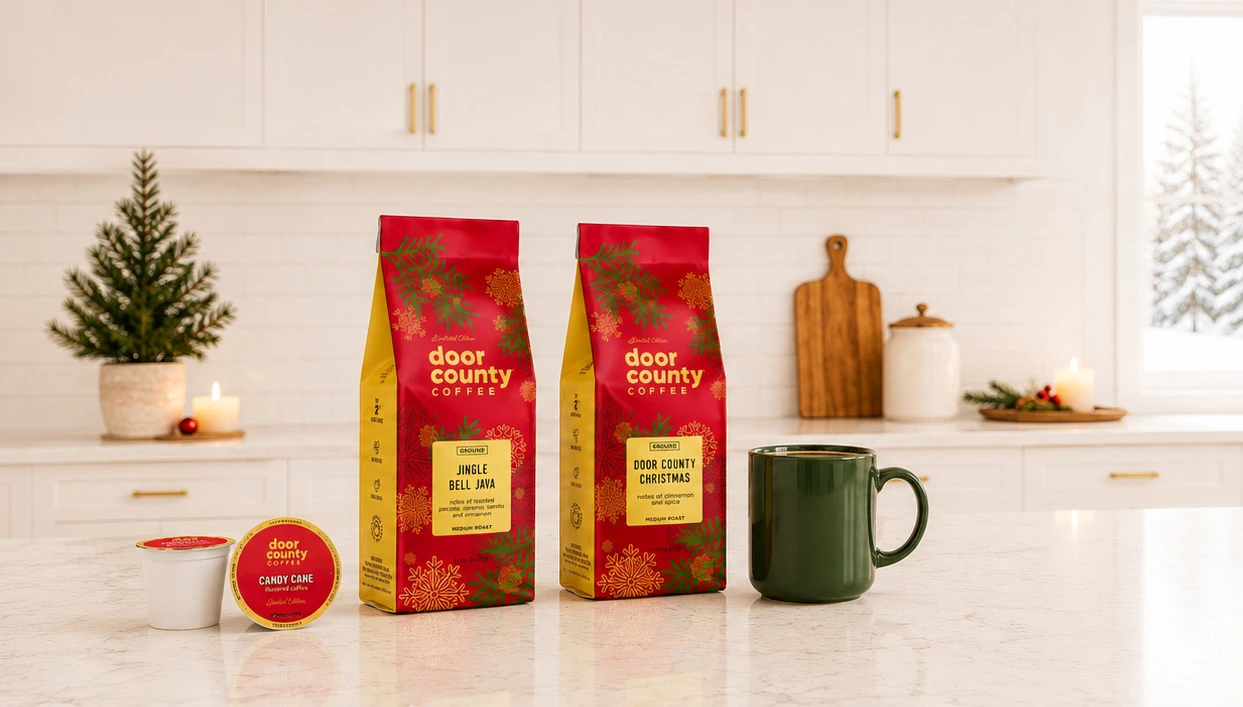A festive decorated box revealing holiday inspired coffee flavors