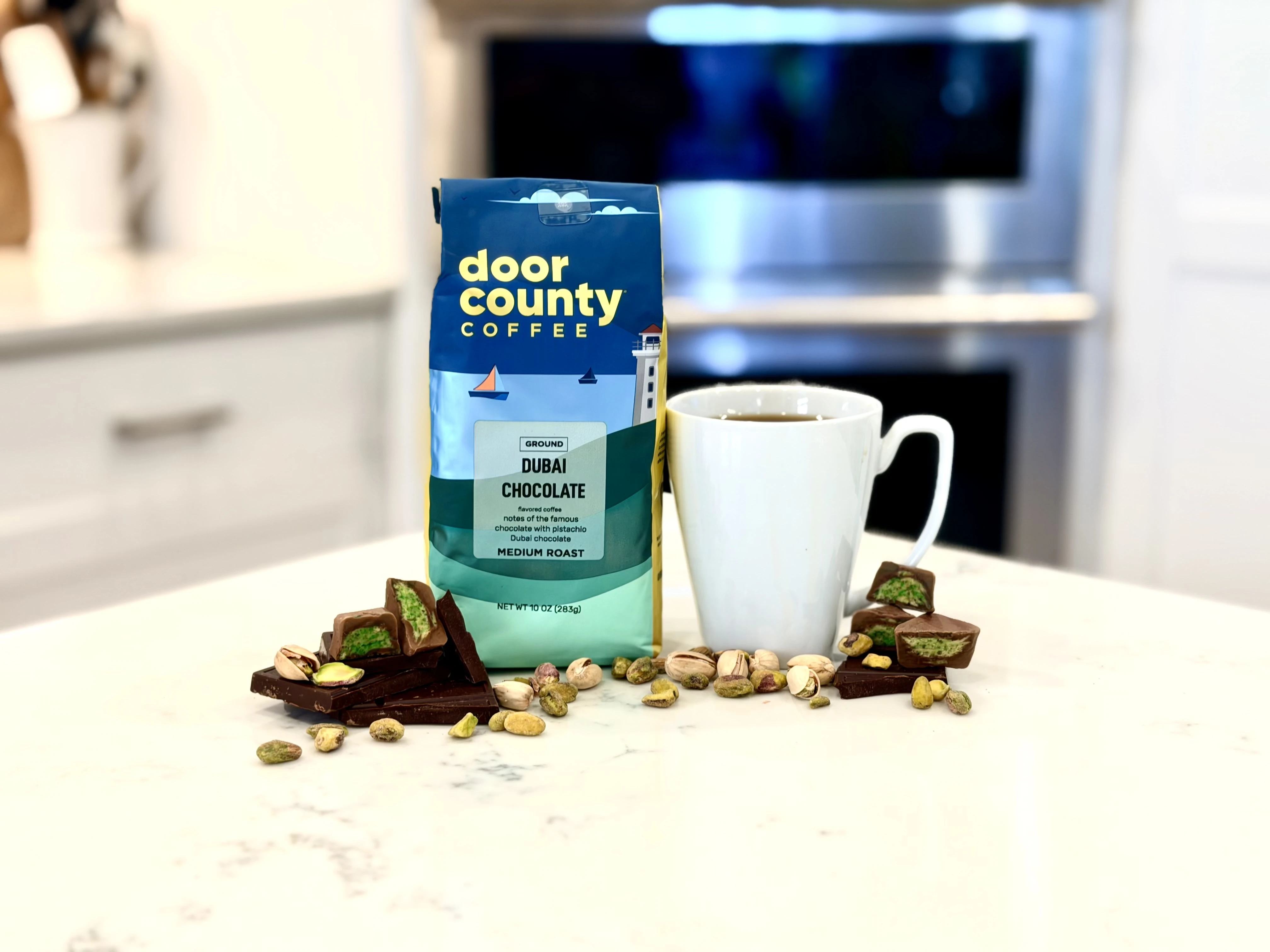 Fall flavored Bourbon Pecan Coffee coffee pods box on a white counter