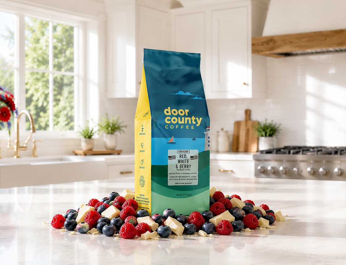 A bag of coffee with blueberries , raspberrie sand white chocolate on the counter