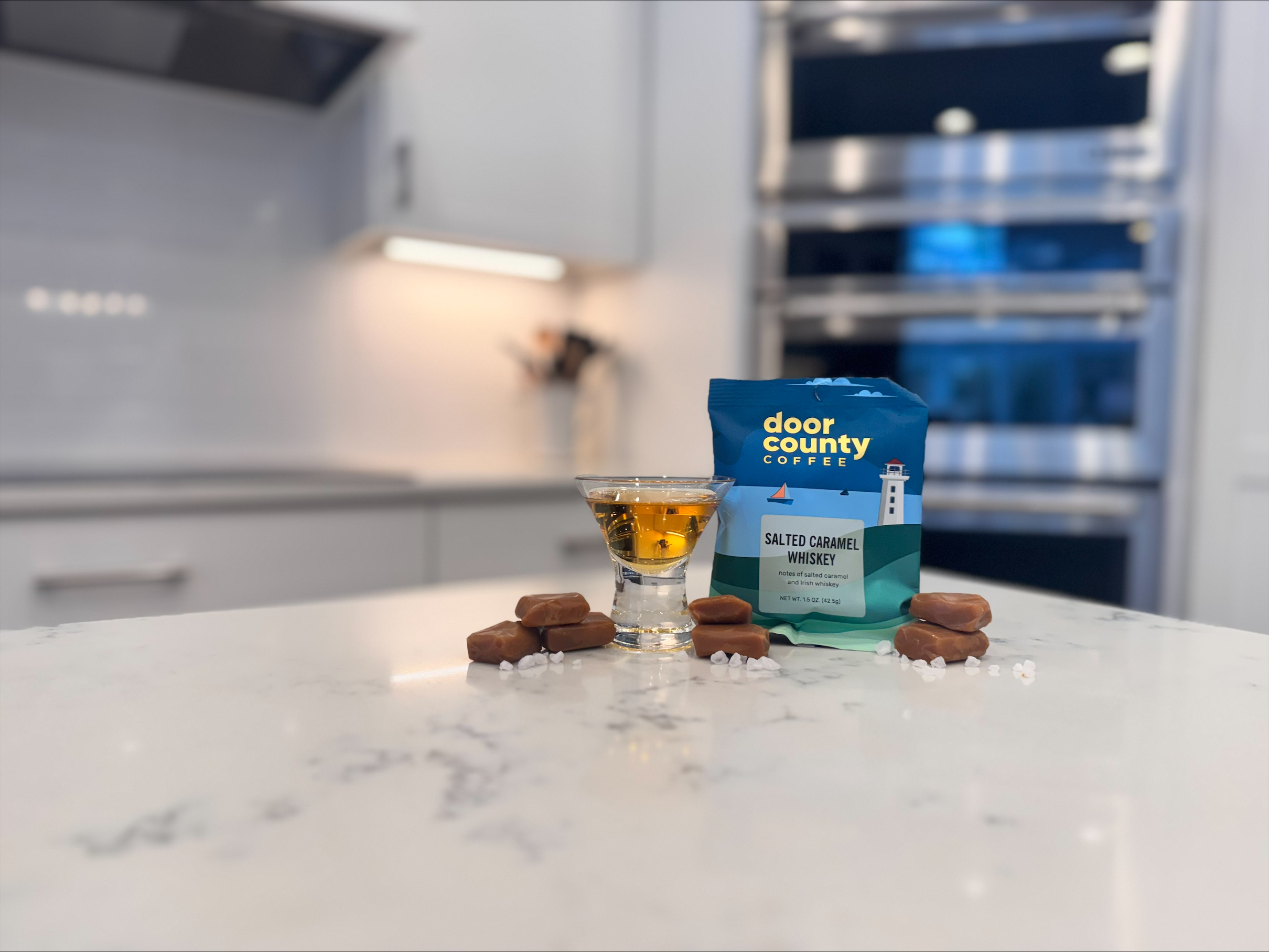 Salted Caramel Whiskey Coffee in a Bag on the Counter