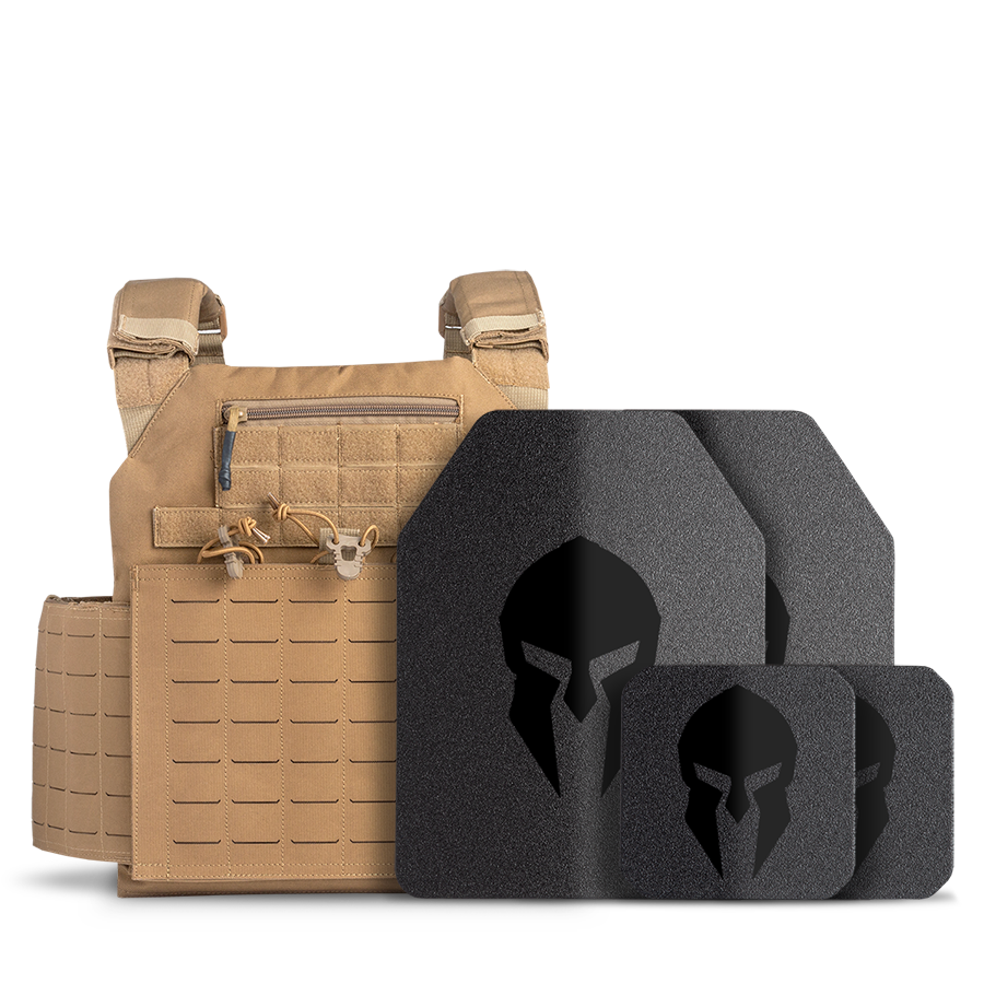 NIJ Certified Package - AR550 Medium ESAPI Steel Body Armor with Achilles Laser Cut Plate Carrier and AR550 Side Plates Full Coat of Ecapsaloc™ - Coyote Brown