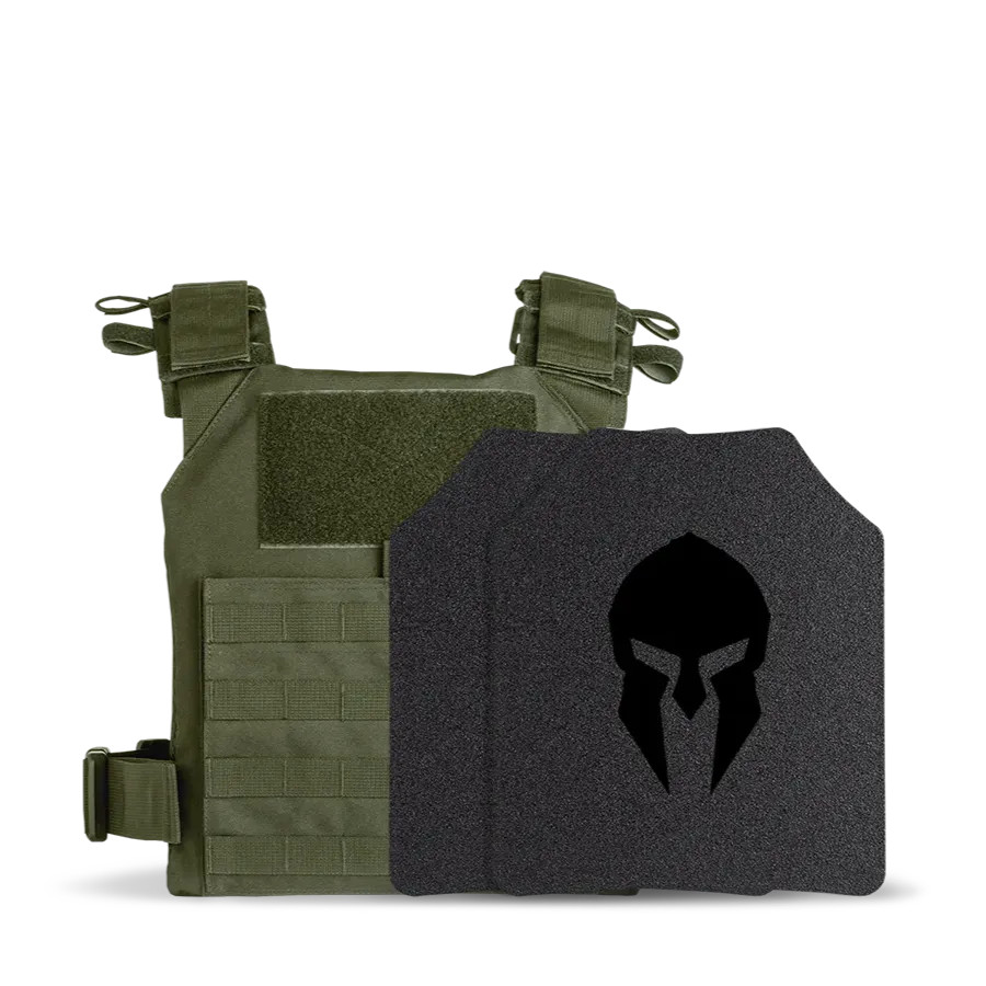 Spartan™ Omega™ AR500 Flat Plate Rapid Response Kit in its carrier in OD Green, showing off its front map pocket, emergency drag handle and adjustable shoulder straps, providing superior protection to law enforcement and first responders - Spartan Armor Systems®
