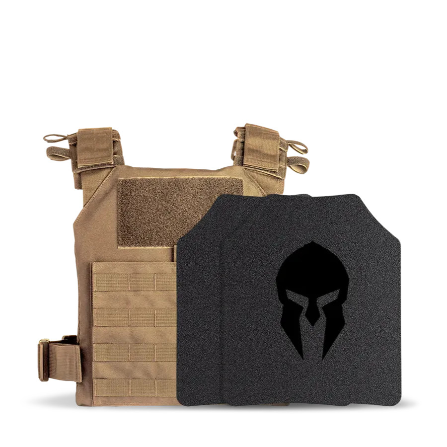 Spartan™ Omega™ AR500 Flat Plate Rapid Response Kit in its carrier in Coyote Brown, showing off its front map pocket, emergency drag handle and adjustable shoulder straps, providing superior protection to law enforcement and first responders - Spartan Armor Systems®