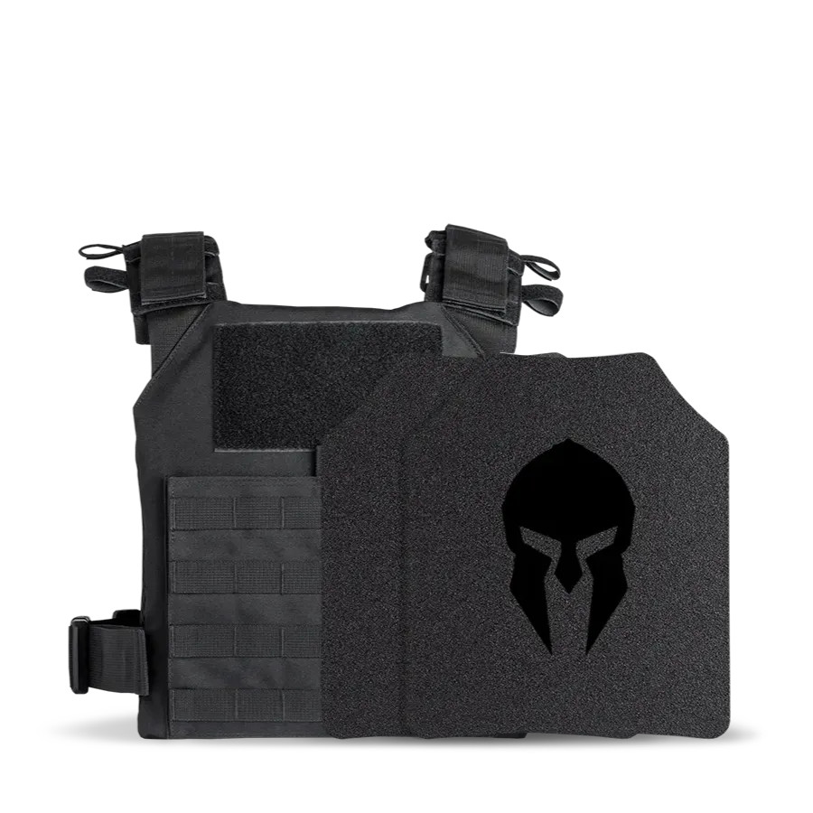 Spartan™ Omega™ AR500 Flat Plate Rapid Response Kit in its carrier in Black, showing off its front map pocket, emergency drag handle and adjustable shoulder straps, providing superior protection to law enforcement and first responders - Spartan Armor Systems®