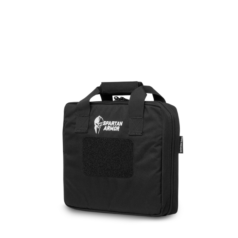 Single Pistol Case with Spartan Helmet (White) Embroidery - Black Case (Facing Left)