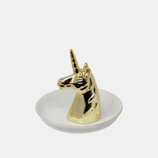 12747-17#Ceramic 6" Unicorn Ring Holder, White/gold