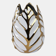 13036-03#Ceramic 8" Leaf Vase, White/gold