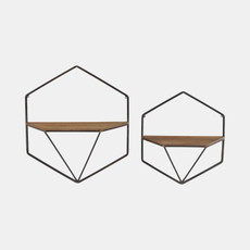 13882#S/2 Metal / Wood Hexagon Wall Shelves, Brown