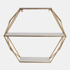 13884-02#Metal / Wood 3 Tier Hexagon Wall Shelf, Gold