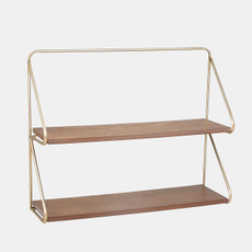 14401#Metal/wood 20" 2 Tier Wall Shelf, Gold