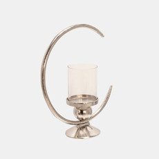 14817-01#Aluminum 19" Ring Candle Holder W/glass, Silver