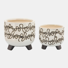 14804-07#S/2 Ceramic 6/8" Scribble Footed Planter, Beige