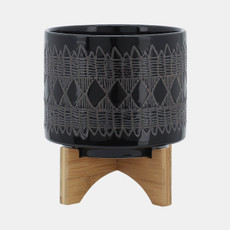 15036-02#Ceramic 8" Aztec Planter On Wooden Stand, Black
