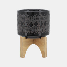 15036-03#Ceramic 5" Aztec Planter On Wooden Stand, Black