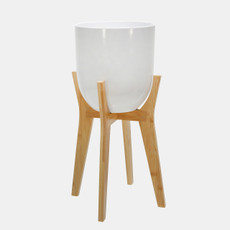 15037#Ceramic 8" Planter W/ Wooden Stand, White