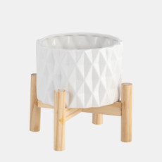 15066-03#6" Ceramic Diamond Planter W/ Wood Stand, White
