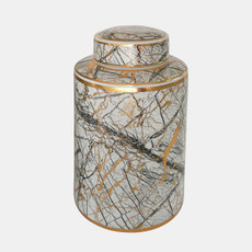 15402-02#Ceramic 12" Jar With Gold Lid, White