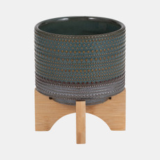 15349-01#5" Dotted Planter W/ Wood Stand, Green